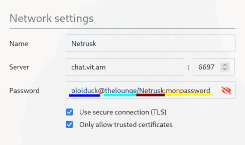 Affichage des paramètres pour Netrusk en utilisant ZNC