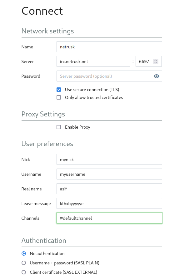 Affichage des paramètres pour Netrusk
